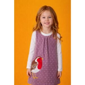 Mini Boden Girls' Purple Corduroy Jumper Dress with a Robin Appliqué Sz 6-7 Yr
